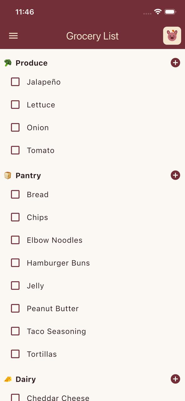 DinDin grocery list screen