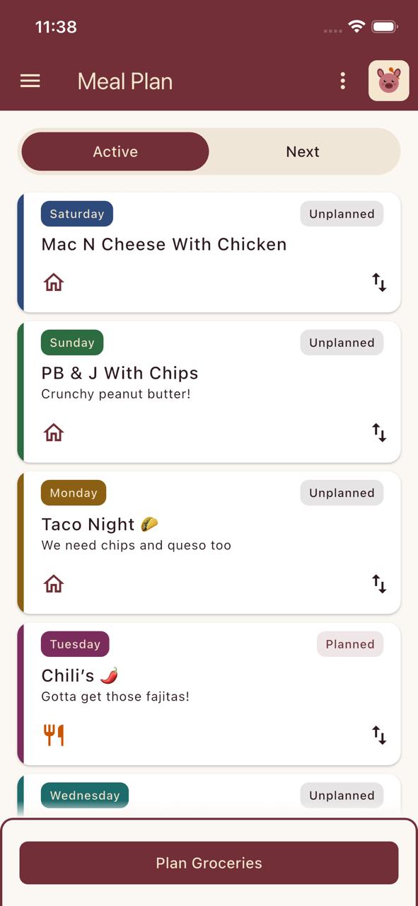 DinDin weekly meal plan screen