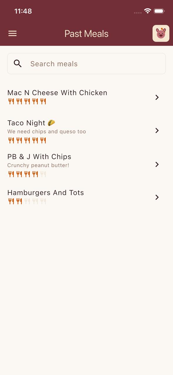DinDin past meals and ratings screen