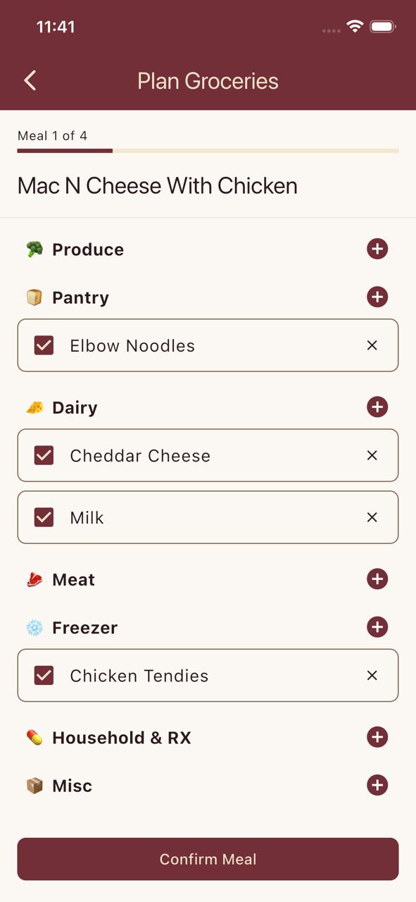 DinDin plan-to-grocery ingredient review screen